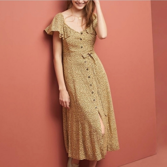 Anthropologie Western Bolano Midi Ruffle Cheetah Button Down Dress MobWife Sz 2 - Picture 3 of 16